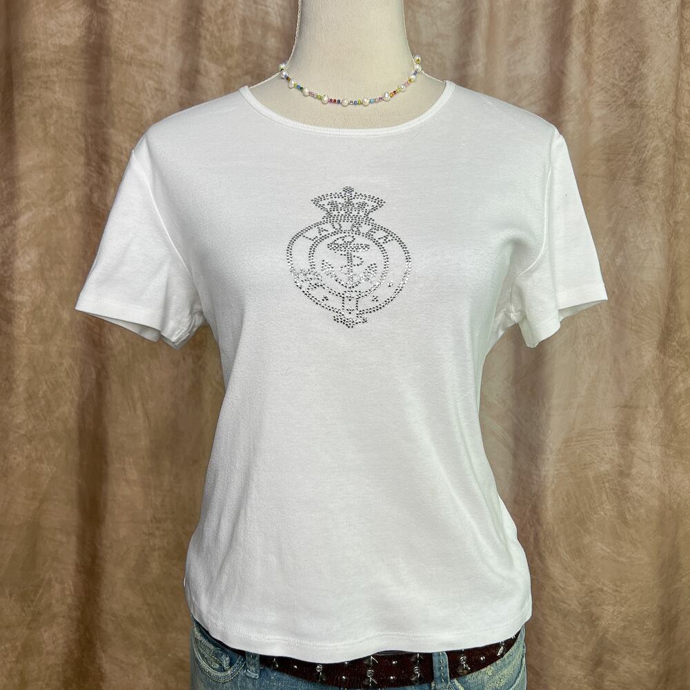 Vintage Y2K Lauren Ralph Lauren Rhinestone Anchor Crest Baby Tee T-Shirt White